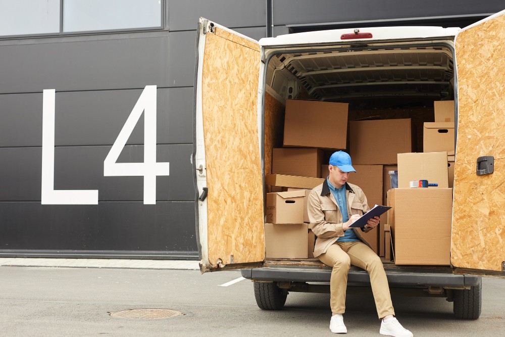 young man uniform filling documents while sitting van he working cargo delivery